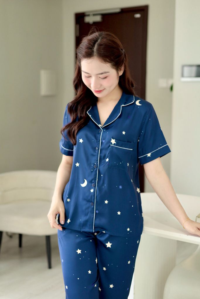 Pijama Lụa latin mềm mại Satino TNQD - Star Dark Blue