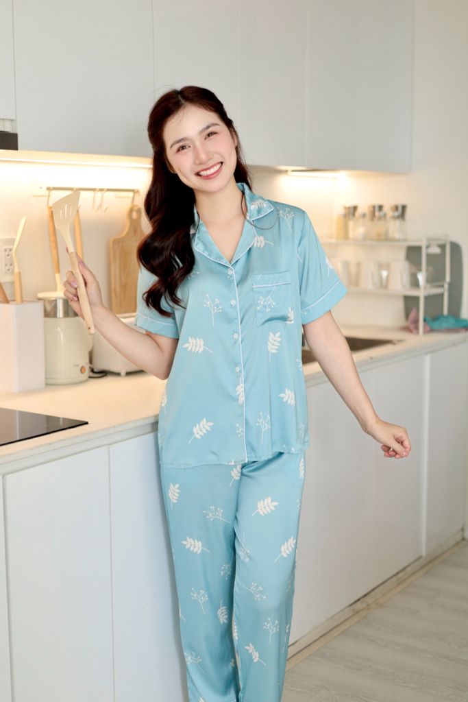 Pijama Lụa latin mềm mại Satino TNQD - Leaf Blue