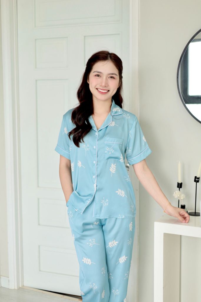 Pijama Lụa latin mềm mại Satino TNQD - Leaf Blue