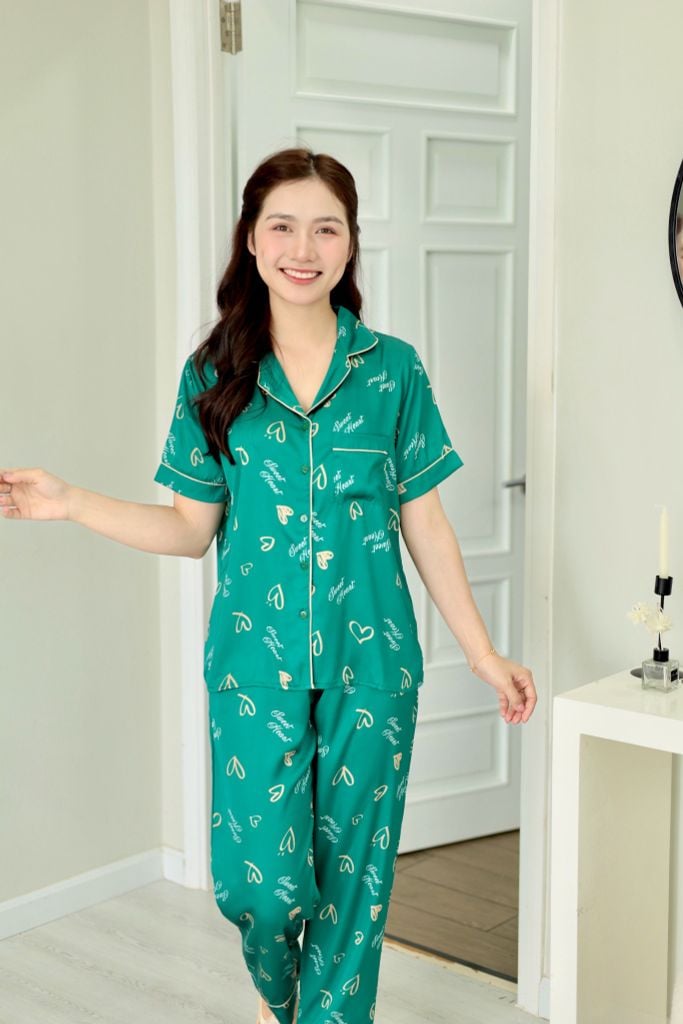Pijama Lụa latin mềm mại Satino TNQD - Heart Dark Green