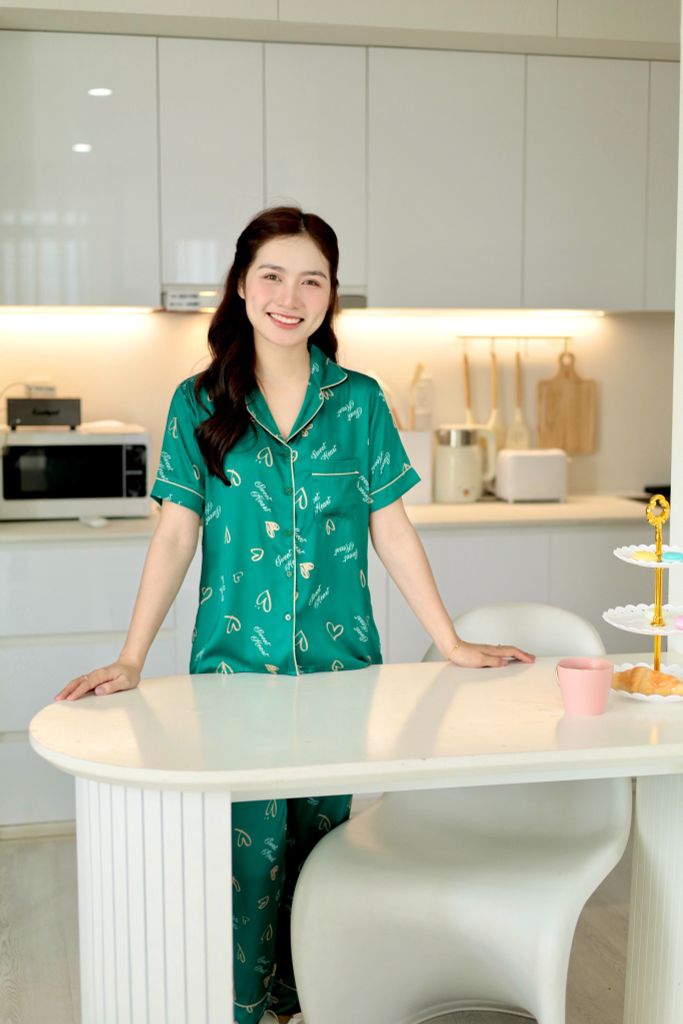 Pijama Lụa latin mềm mại Satino TNQD - Heart Dark Green