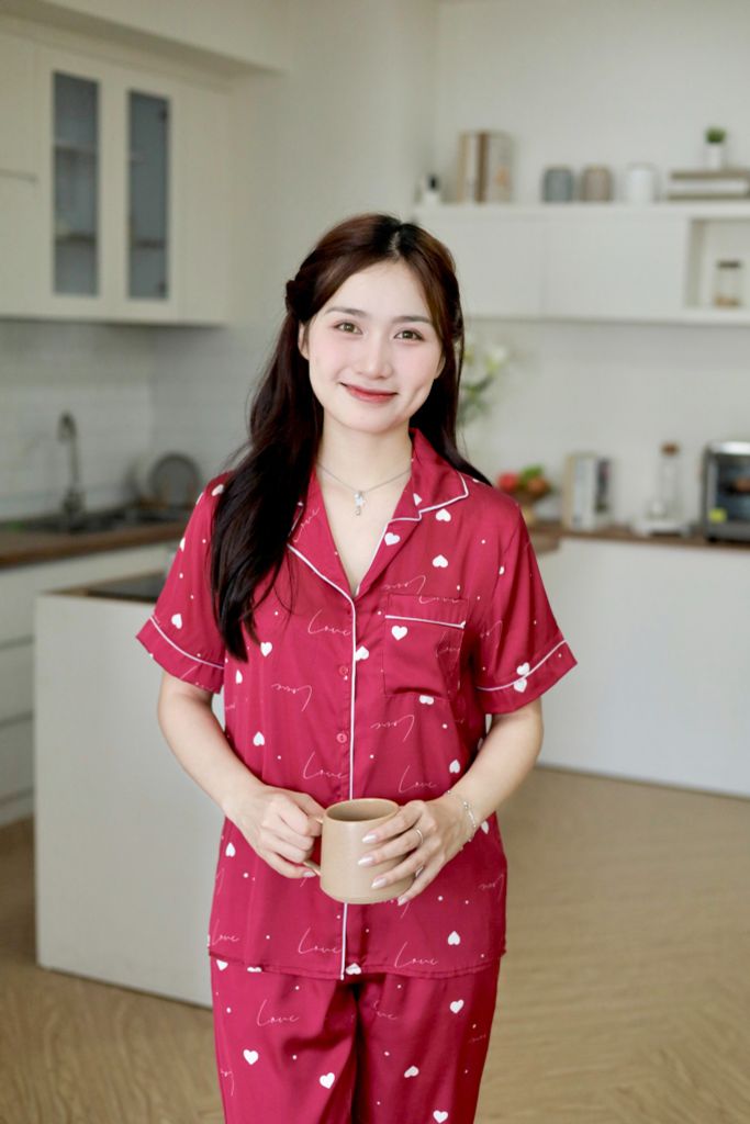 Pijama Lụa latin mềm mại, sang trọng Satino TNQL - Love Red Wine