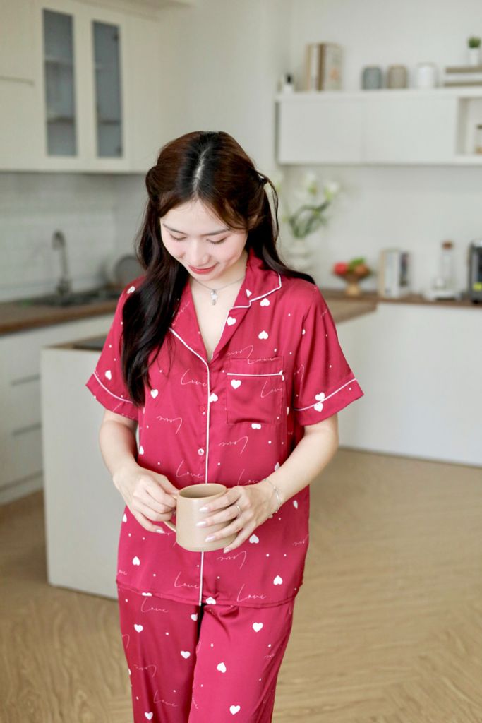 Pijama Lụa latin mềm mại, sang trọng Satino TNQL - Love Red Wine
