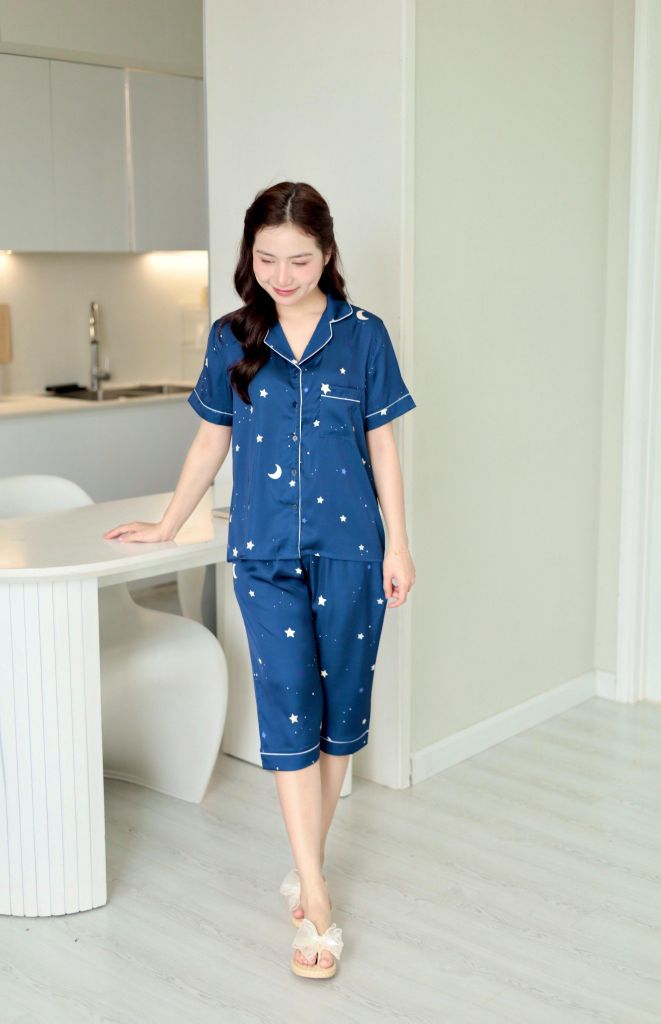 Pijama Lụa latin mềm mại Satino TNQL - Star Dark Blue