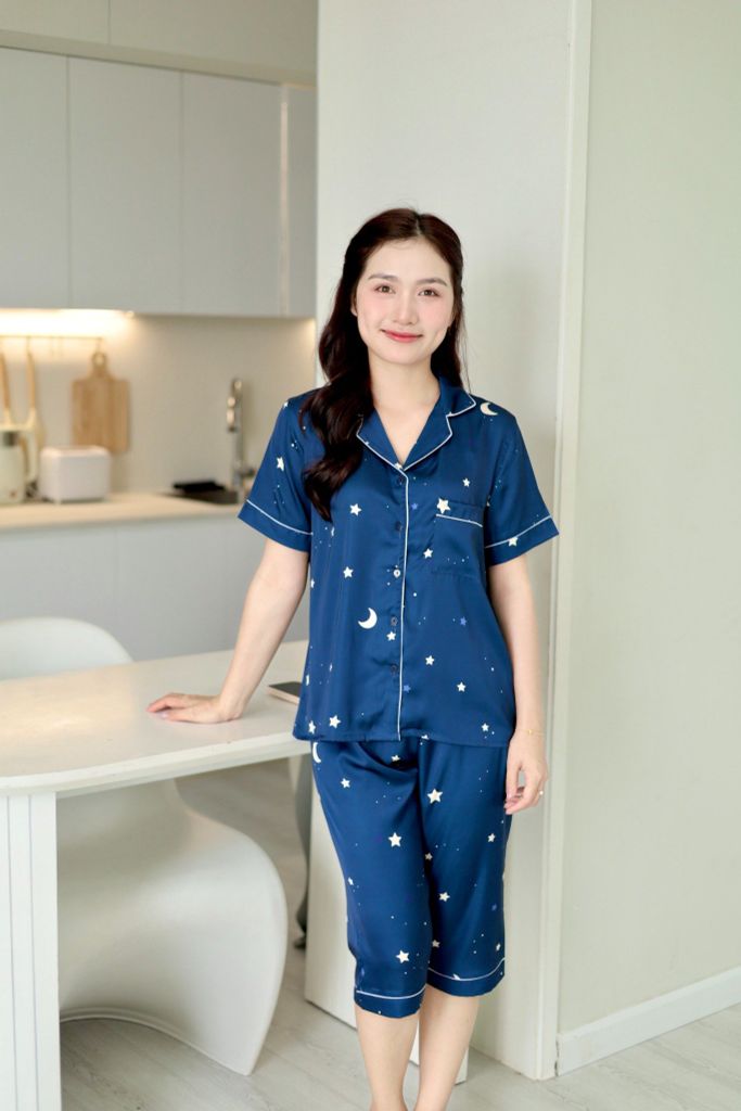Pijama Lụa latin mềm mại Satino TNQL - Star Dark Blue
