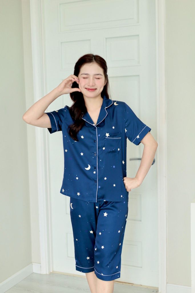 Pijama Lụa latin mềm mại Satino TNQL - Star Dark Blue