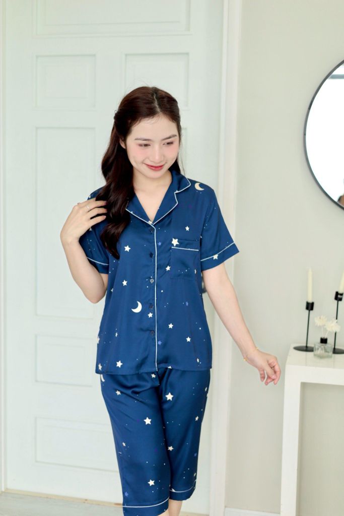 Pijama Lụa latin mềm mại Satino TNQL - Star Dark Blue