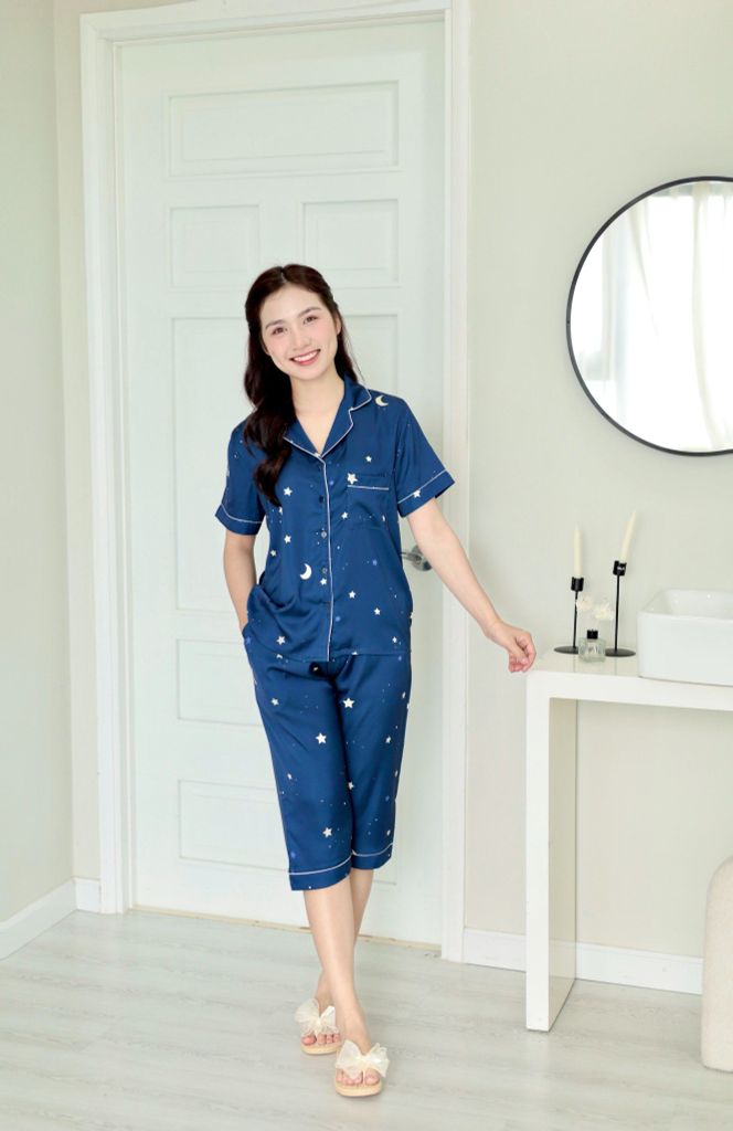 Pijama Lụa latin mềm mại Satino TNQL - Star Dark Blue