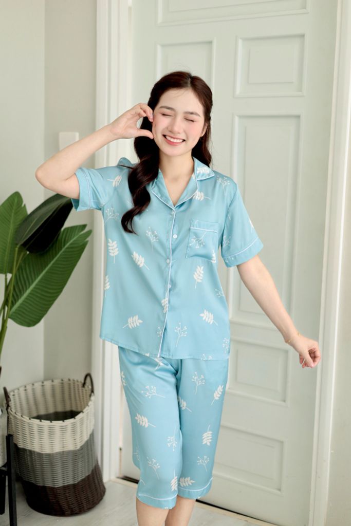 Pijama Lụa latin mềm mại Satino TNQL - Leaf Blue