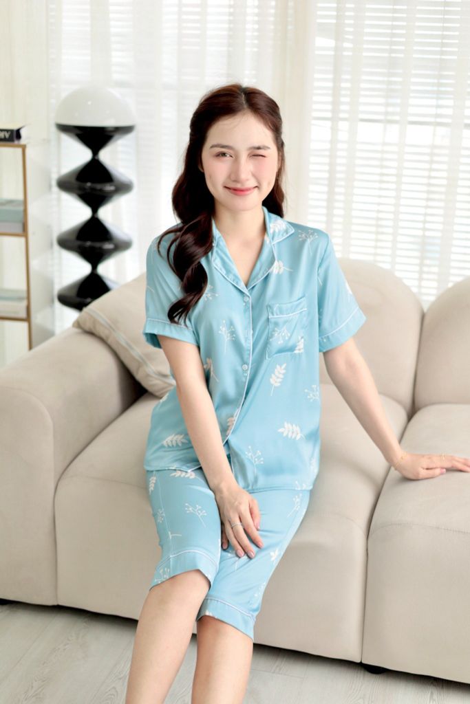 Pijama Lụa latin mềm mại Satino TNQL - Leaf Blue