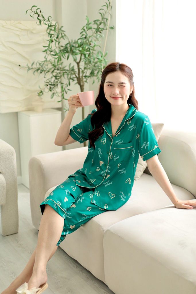 Pijama Lụa latin mềm mại Satino TNQL - Heart Dark Green