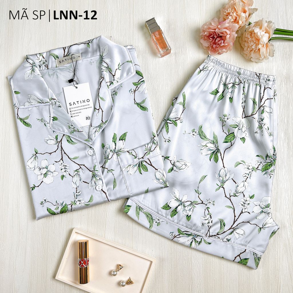 Pijama Lụa latin mềm mại Satino TNQN - Camellia Mint Gray