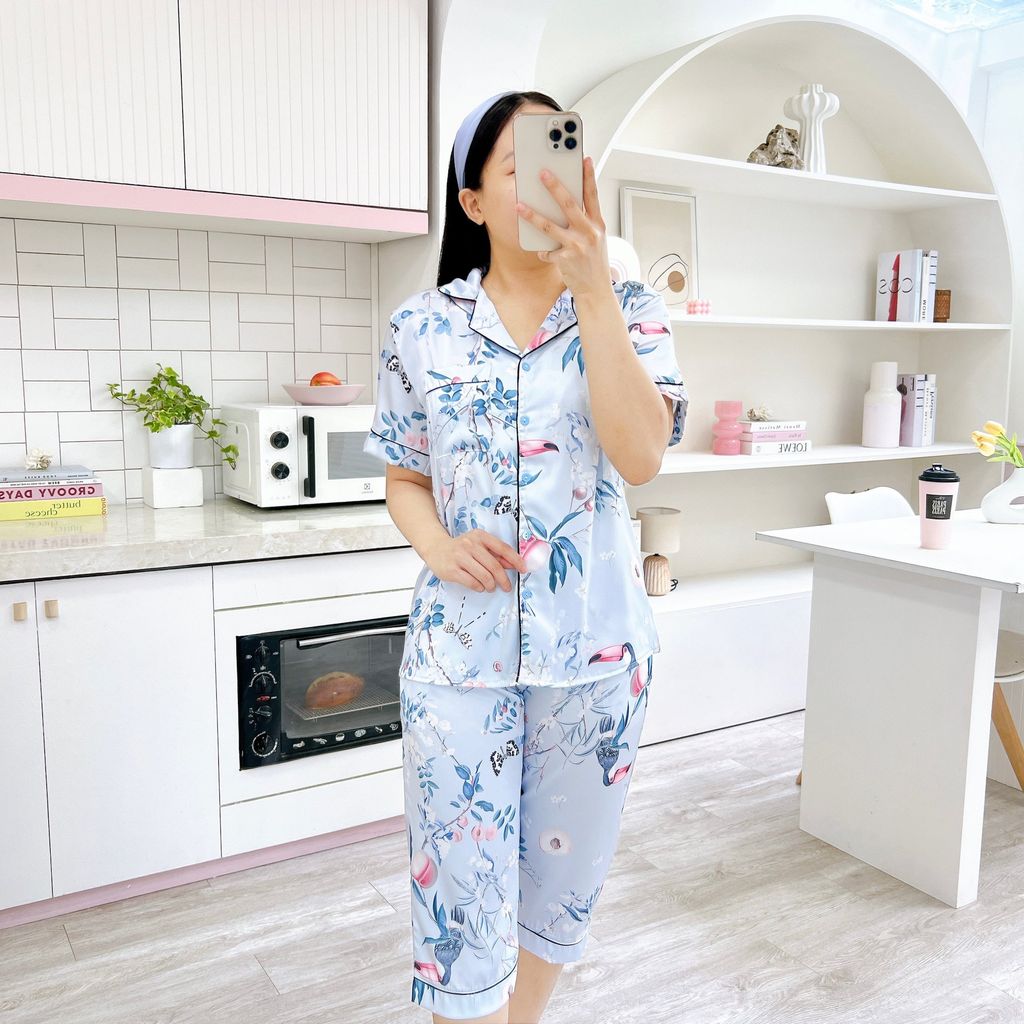 Pijama Lụa latin mềm mại, sang trọng Satino TNQL - Parrot Blue Gray