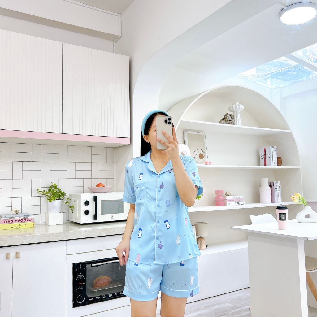 Pijama Lụa latin mềm mại Satino TNQN - Kitty Blue