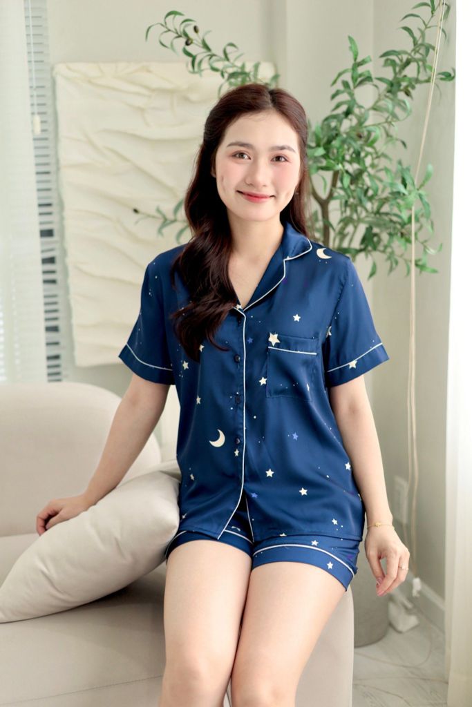 Pijama Lụa latin mềm mại Satino TNQN - Star Dark Blue