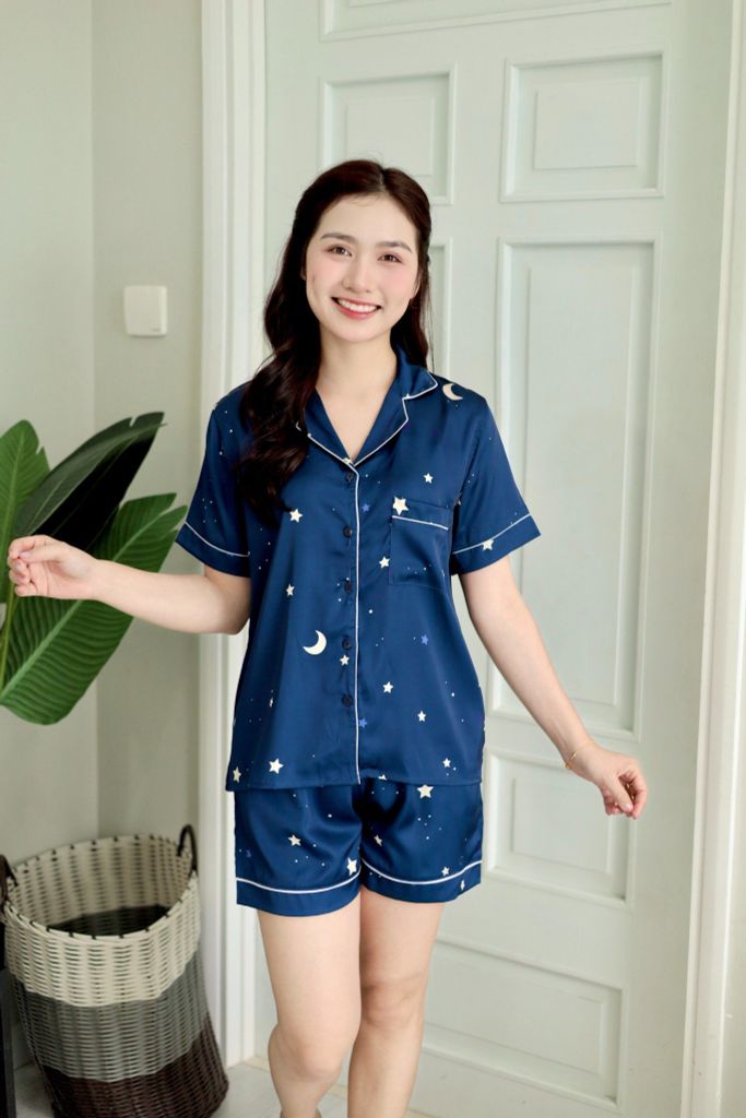 Pijama Lụa latin mềm mại Satino TNQN - Star Dark Blue
