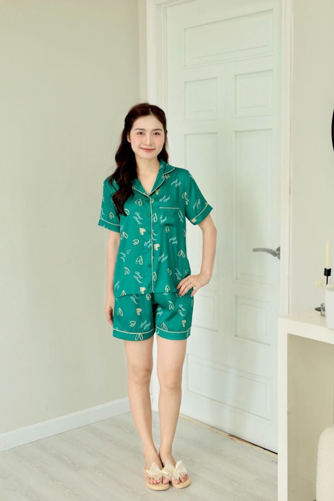 Pijama Lụa latin mềm mại Satino TNQN - Heart Dark Green