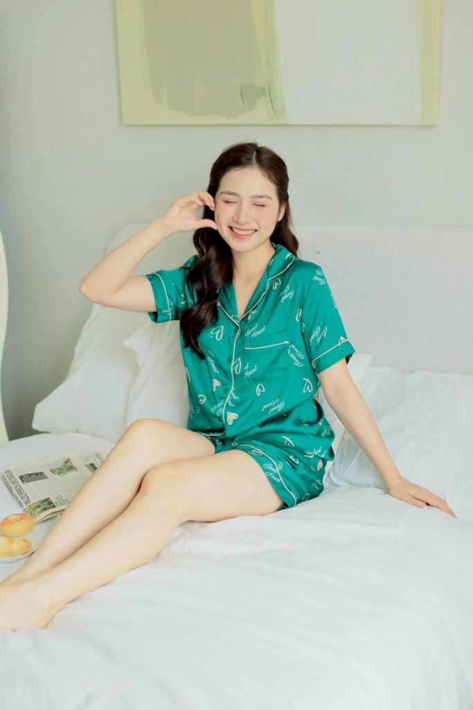 Pijama Lụa latin mềm mại Satino TNQN - Heart Dark Green