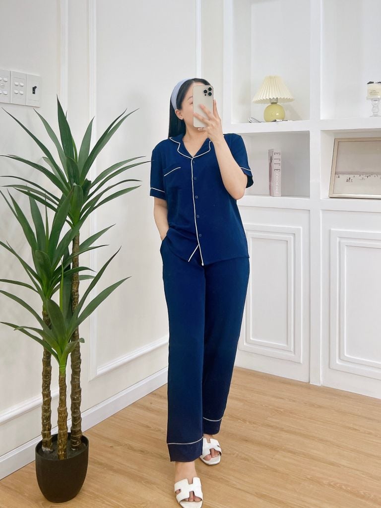 Đồ bộ mặc nhà, đồ ngủ, Pijama nữ Lụa màu trơn TNQD - Dark Blue