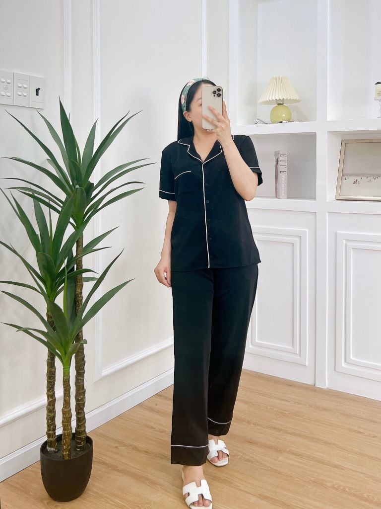 Đồ bộ mặc nhà, đồ ngủ, Pijama nữ Lụa màu trơn TNQD Satino - Black