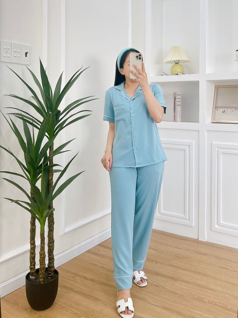 Đồ bộ mặc nhà, đồ ngủ Pijama nữ lụa màu trơn TNQD Satino - Blue