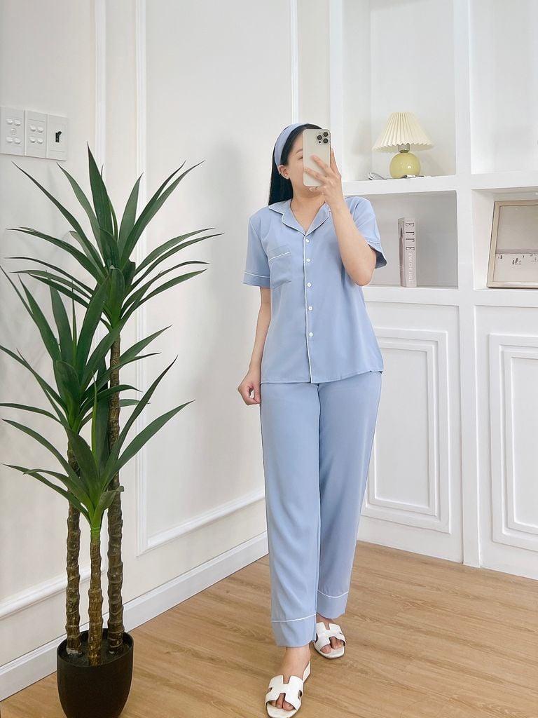 Đồ bộ mặc nhà, đồ ngủ, Pijama nữ Lụa màu trơn TNQD Satino - Blue Gray