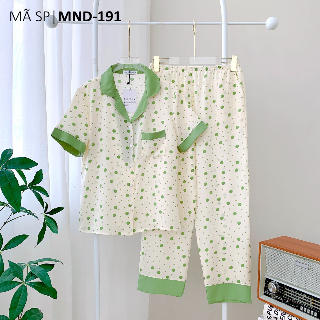 Pijama lụa mango mềm mại, không nhăn Satino TNQD - Polka Green