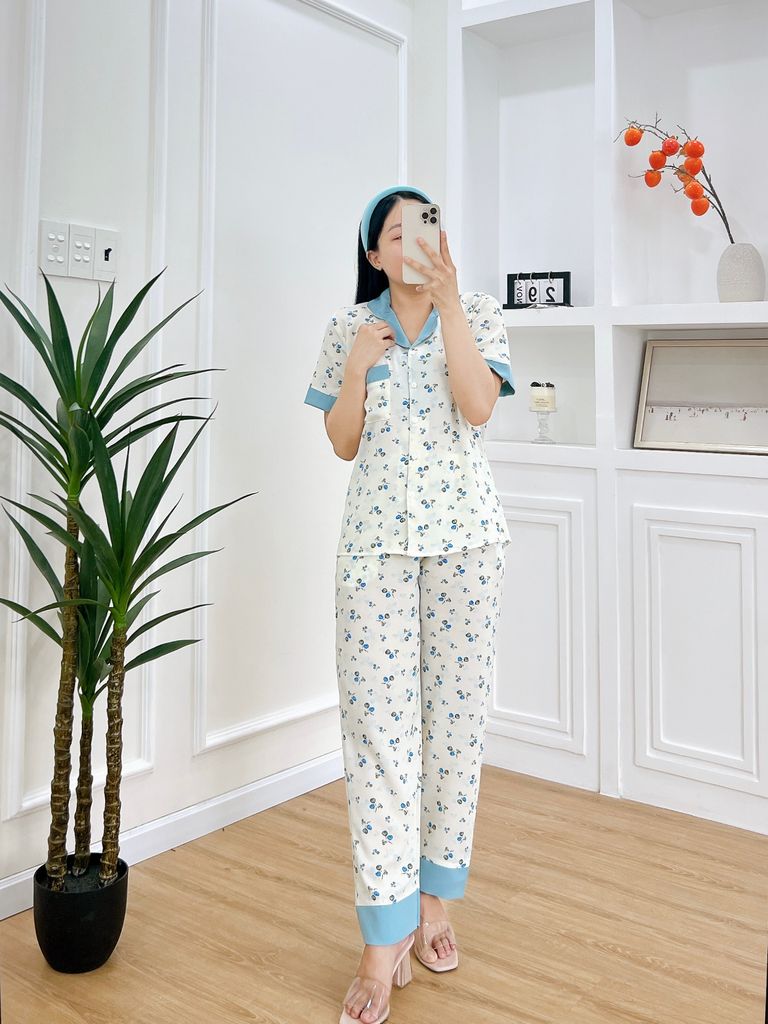Pijama lụa mango mềm mại, không nhăn Satino TNQD - Cami Blue