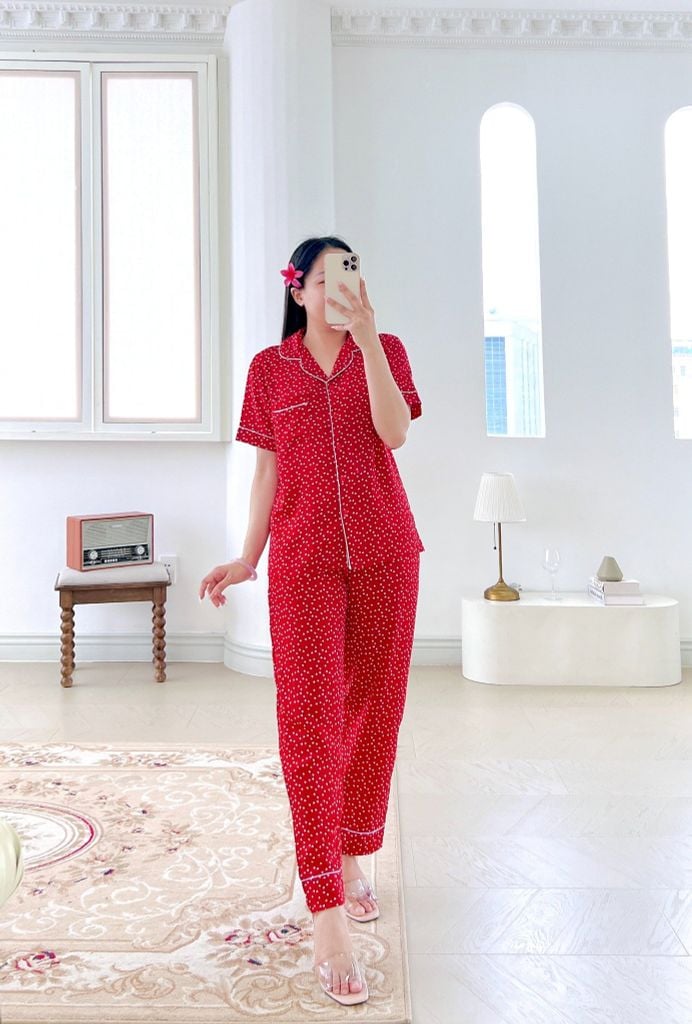 Pijama lụa mango mềm mại, không nhăn Satino TNQD - Nami Red