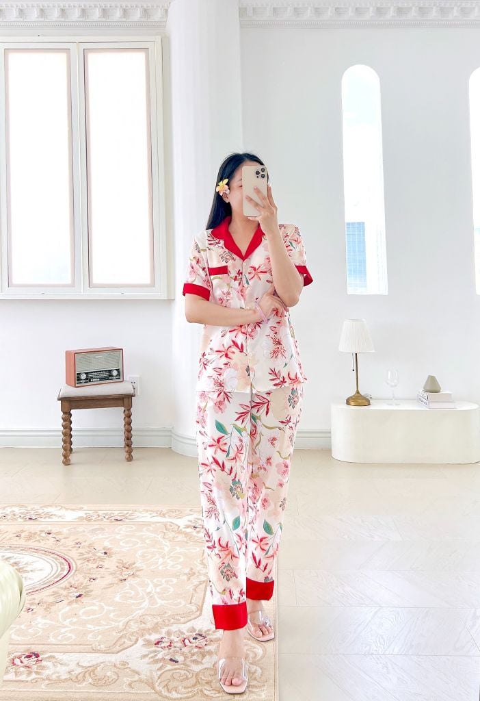 Pijama lụa mango mềm mại, không nhăn Satino TNQD - Floral Red