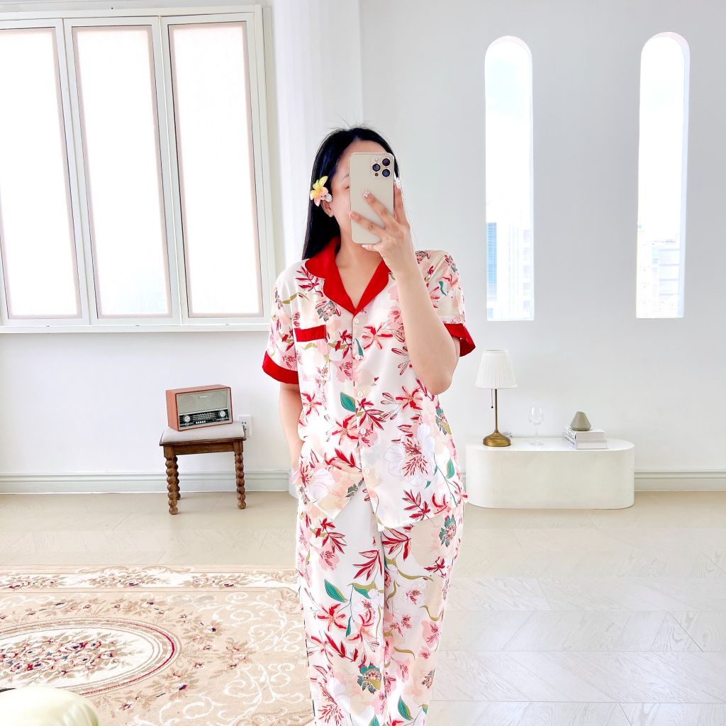 Pijama lụa mango mềm mại, không nhăn Satino TNQD - Floral Red