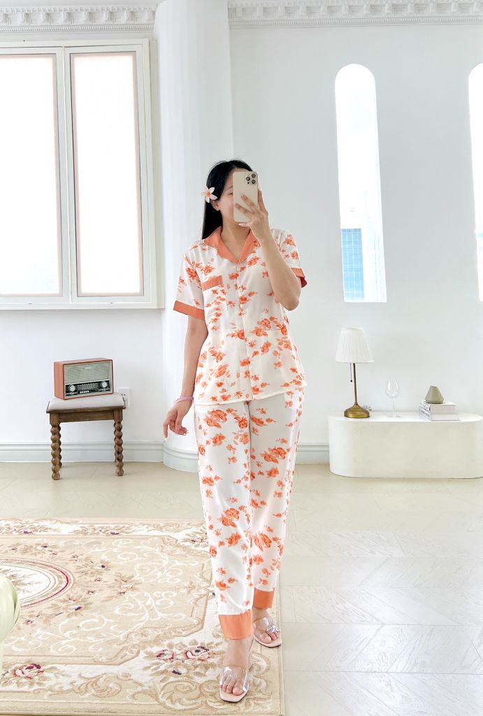 Pijama lụa mango mềm mại, không nhăn Satino TNQD - Remy Orange