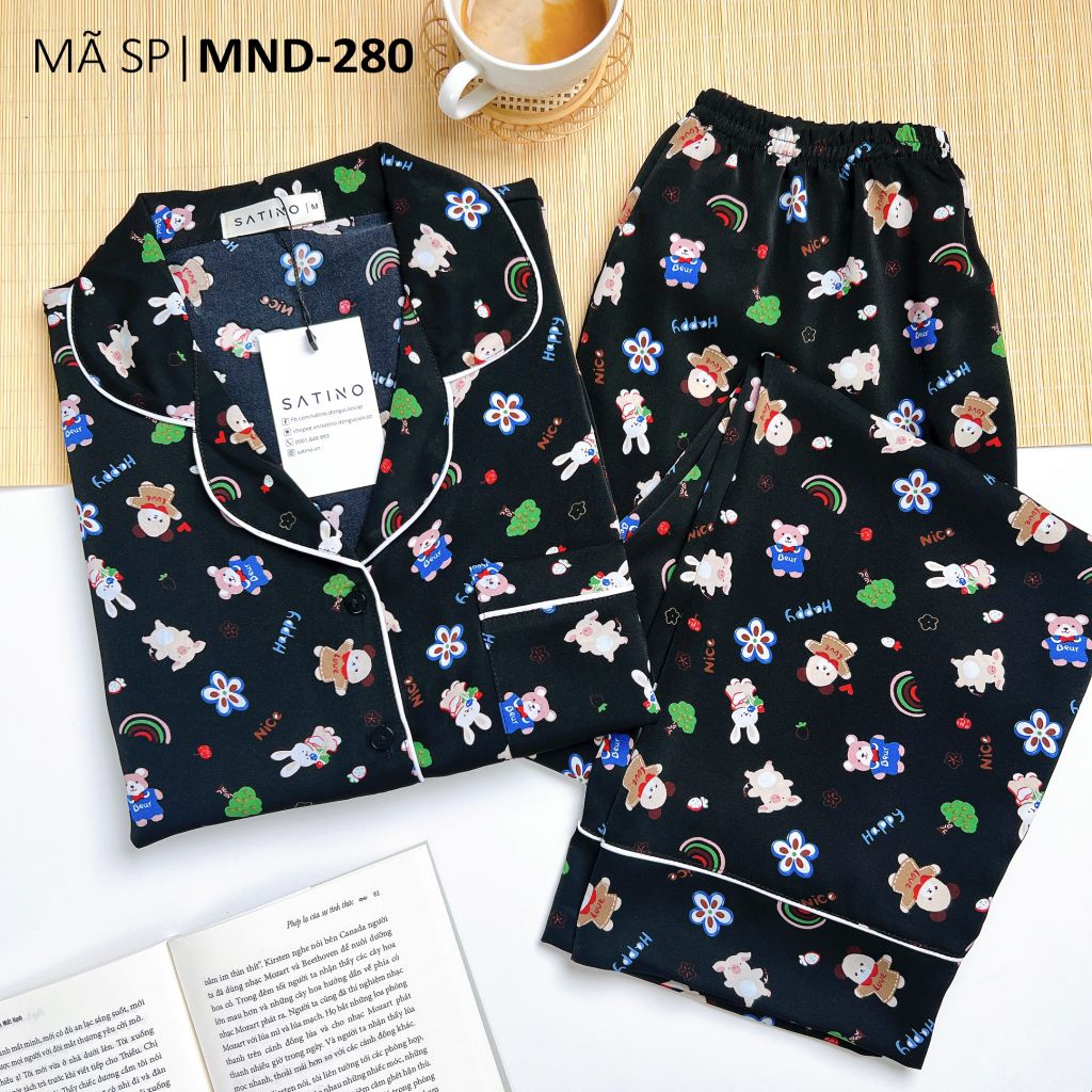 Pijama lụa mango mềm mại, không nhăn Satino TNQD - Jingle Black
