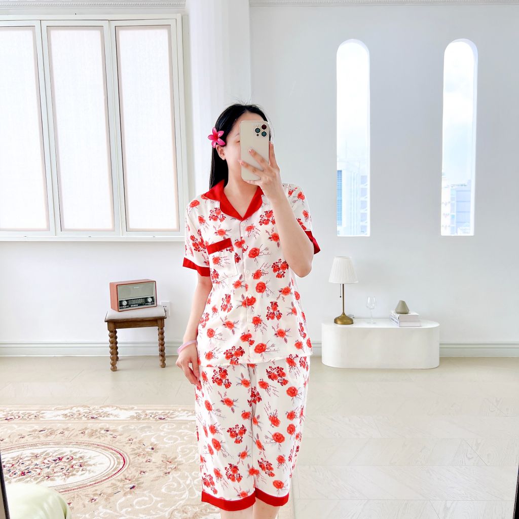 Pijama lụa mango mềm mại, không nhăn Satino TNQL - Taja Red