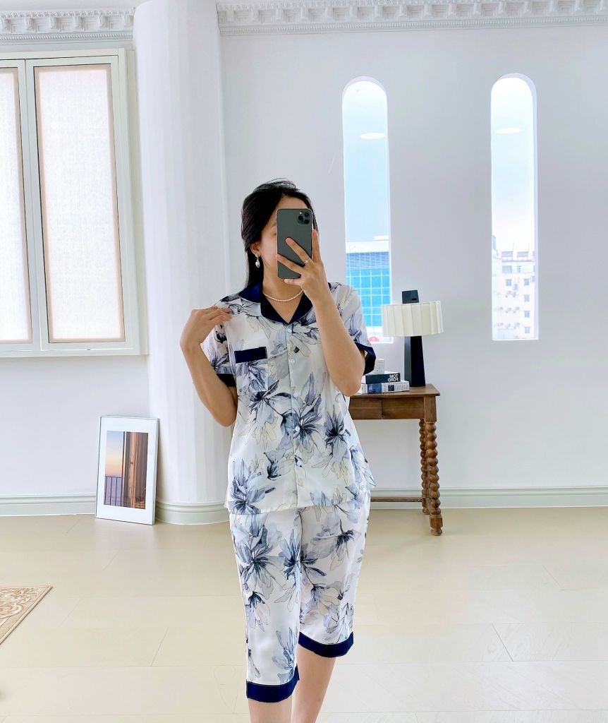 Đồ bộ mặc nhà, đồ ngủ, Pijama nữ Lụa TNQL Satino - Riley Dark Blue