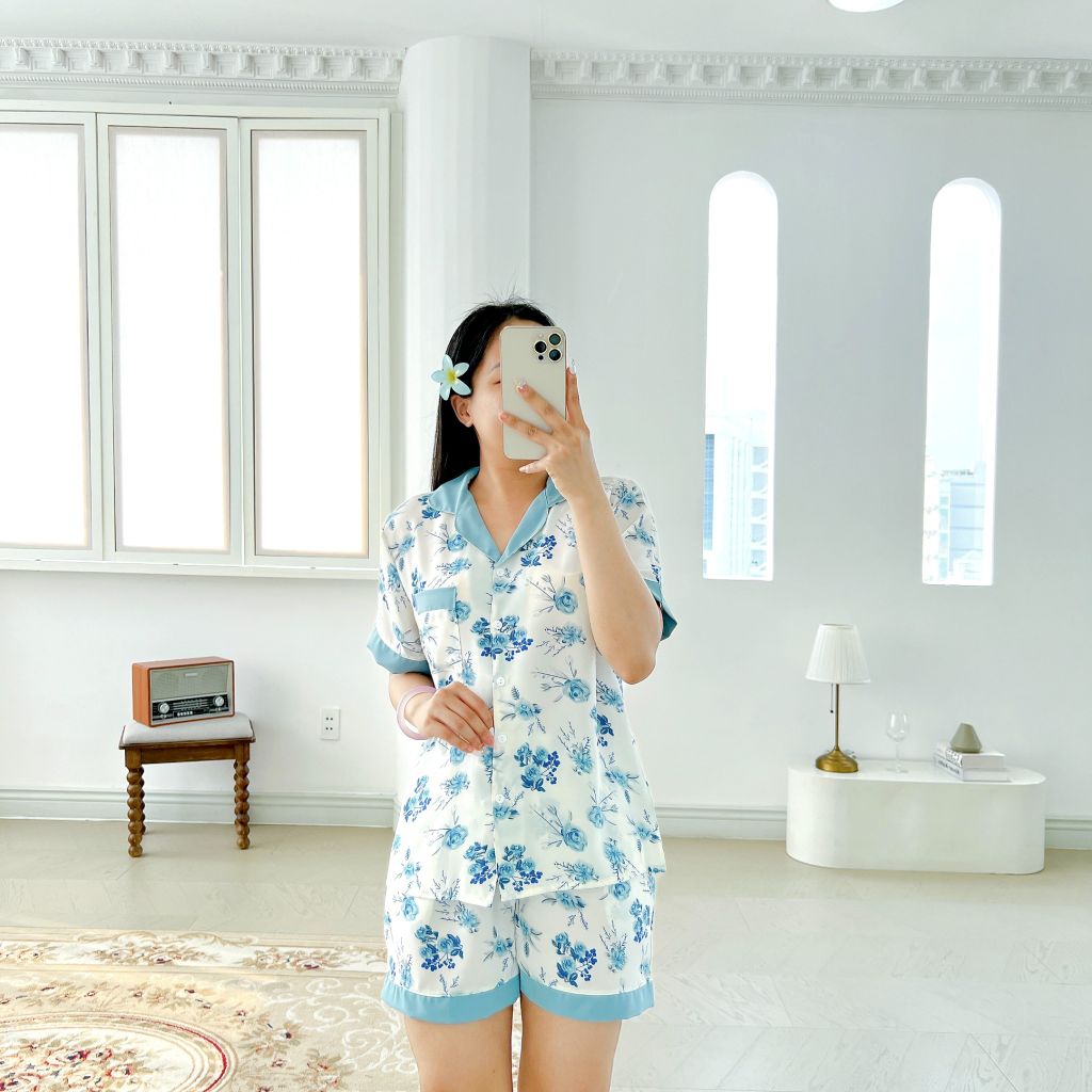 Pijama lụa mango mềm mại, không nhăn Satino TNQN - Taja Blue