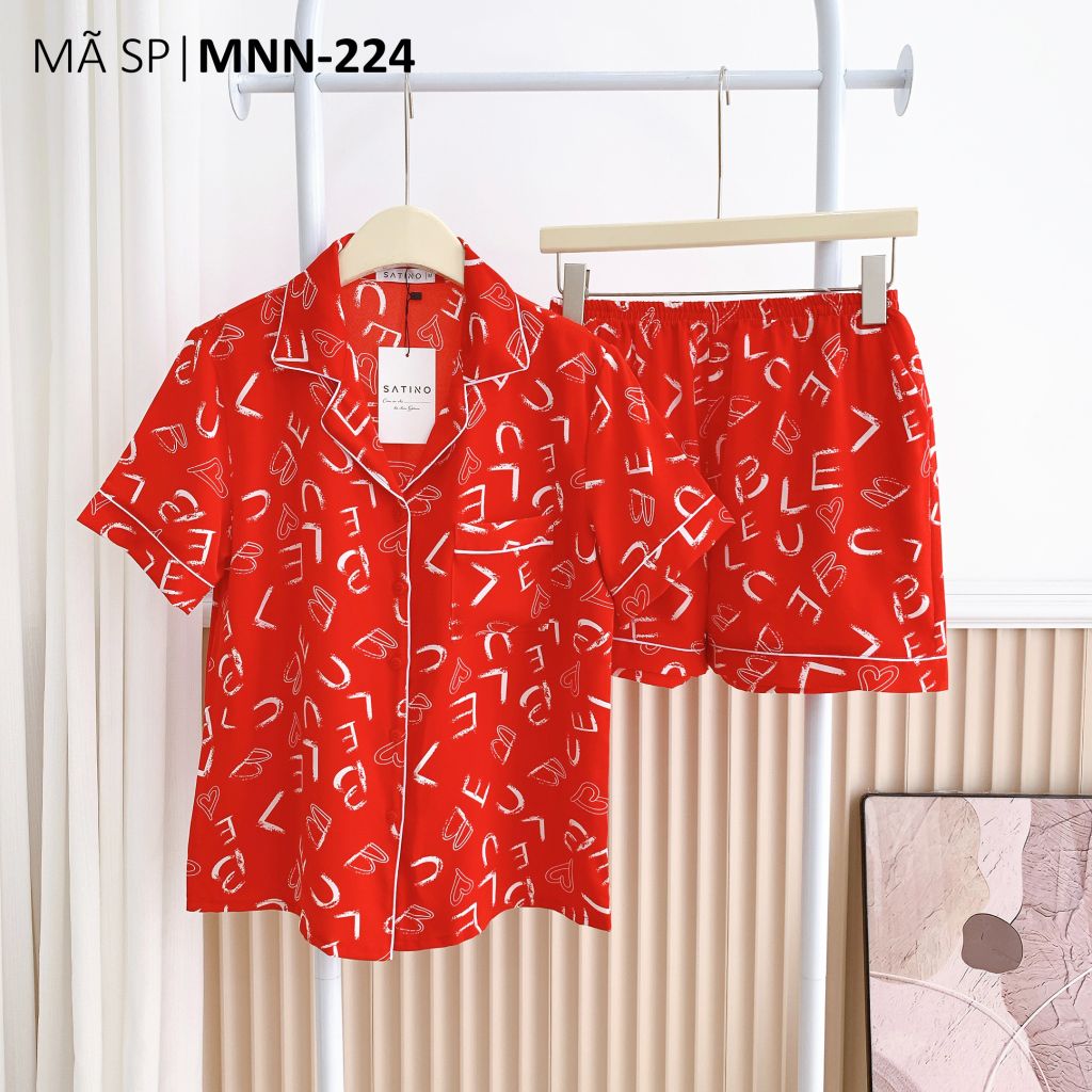 Pijama lụa mango mềm mại, không nhăn Satino TNQN cổ nhọn - Gina Red