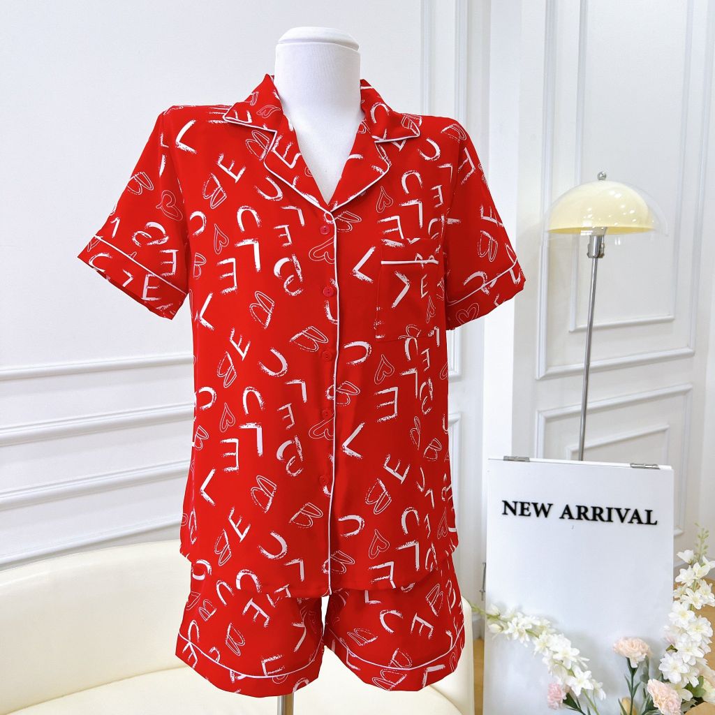 Pijama lụa mango mềm mại, không nhăn Satino TNQN cổ nhọn - Gina Red