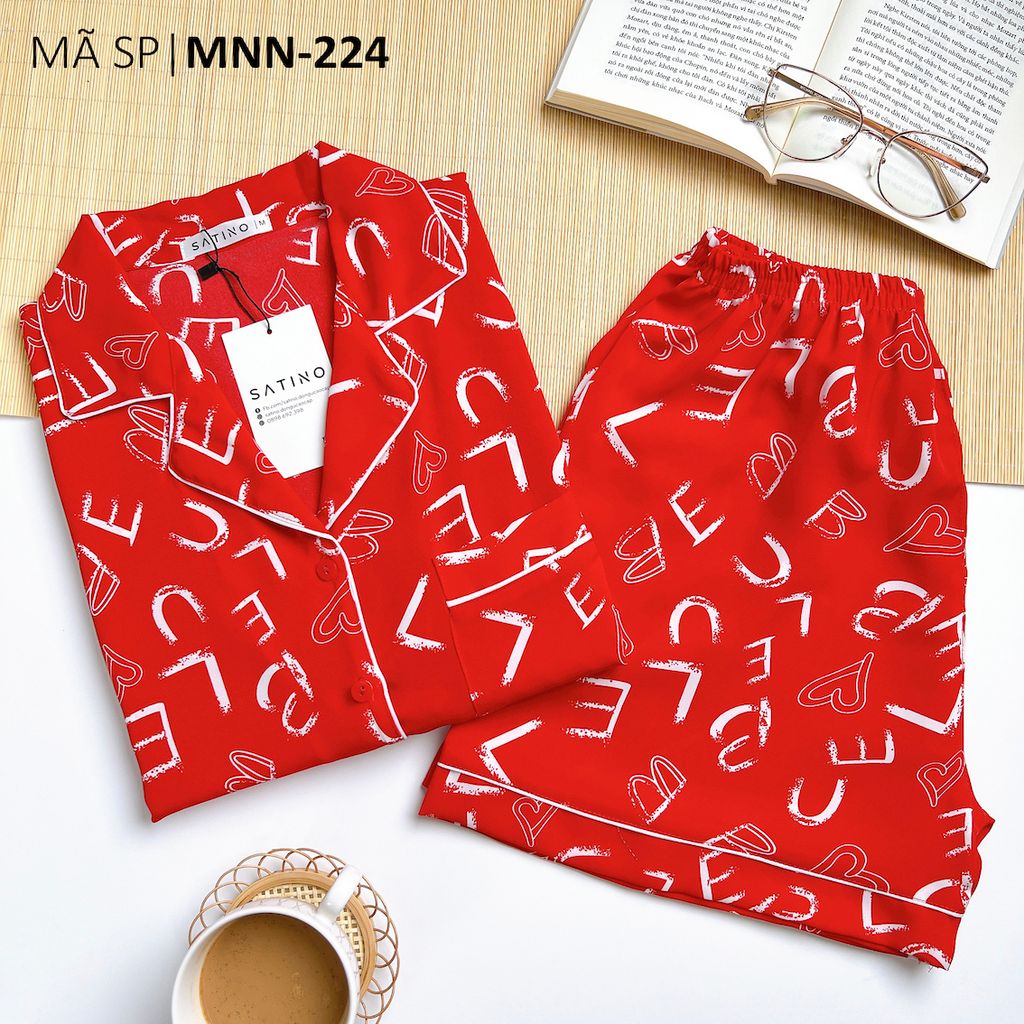 Pijama lụa mango mềm mại, không nhăn Satino TNQN cổ nhọn - Gina Red