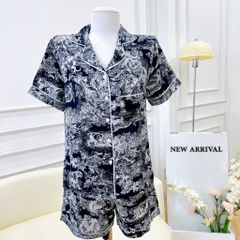 Pijama lụa mango mềm mại, không nhăn Satino TNQN cổ nhọn - Toile Dark Blue