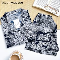 Pijama lụa mango mềm mại, không nhăn Satino TNQN cổ nhọn - Toile Dark Blue