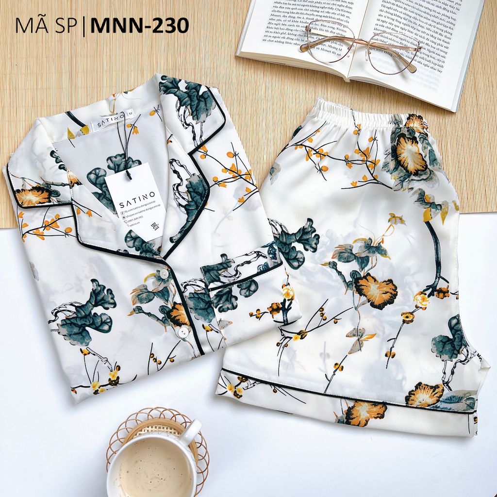 Pijama lụa mango mềm mại, không nhăn Satino TNQN cổ nhọn - Muse Green