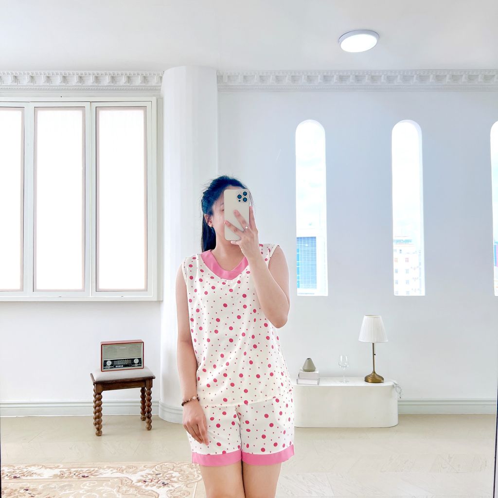 Pijama lụa mango mềm mại, không nhăn Satino SNQN - S-Polka Pink