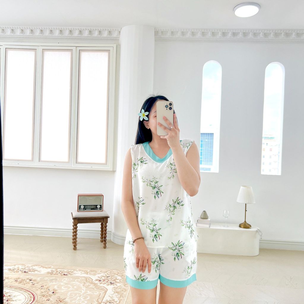 Pijama lụa mango mềm mại, không nhăn Satino SNQN - S-Sakura Mint