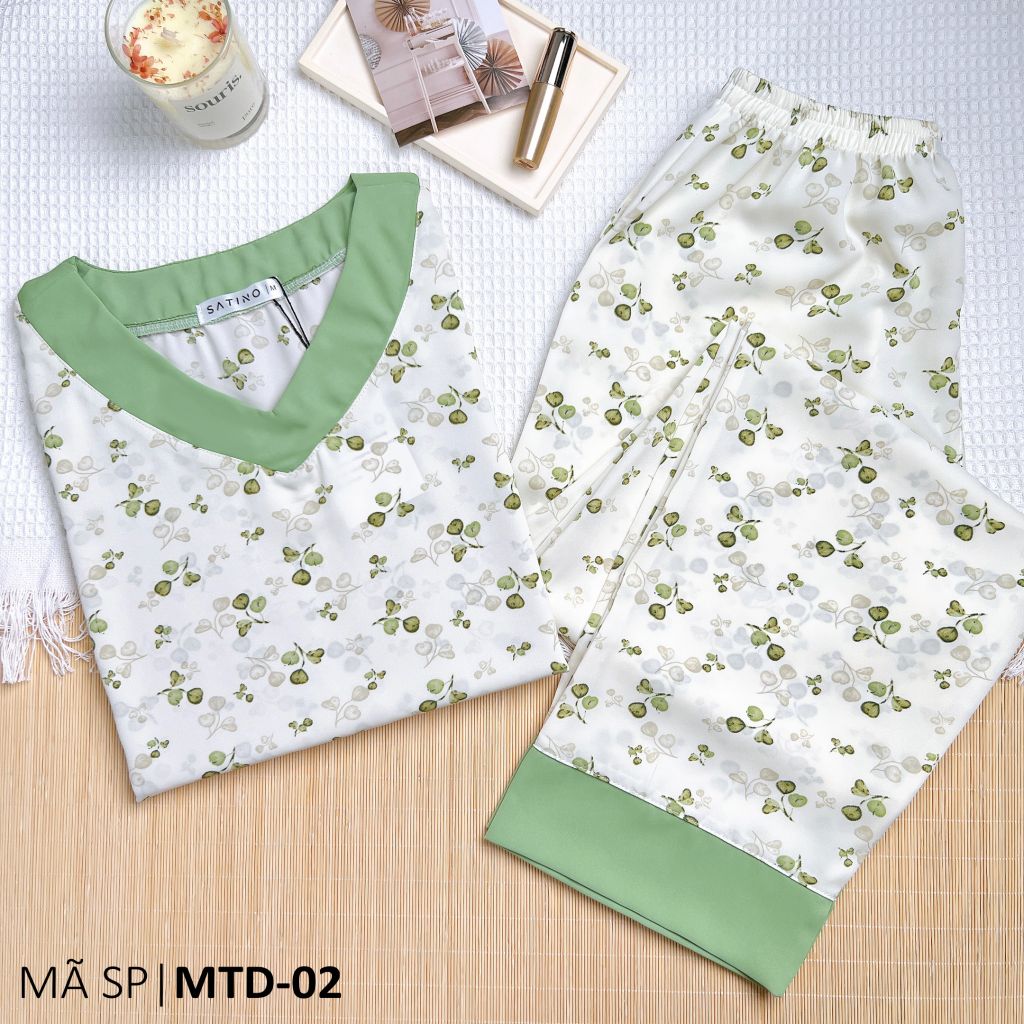 Đồ bộ mặc nhà nữ lụa mango TNQD cổ tim Satino - T-Cami Olive