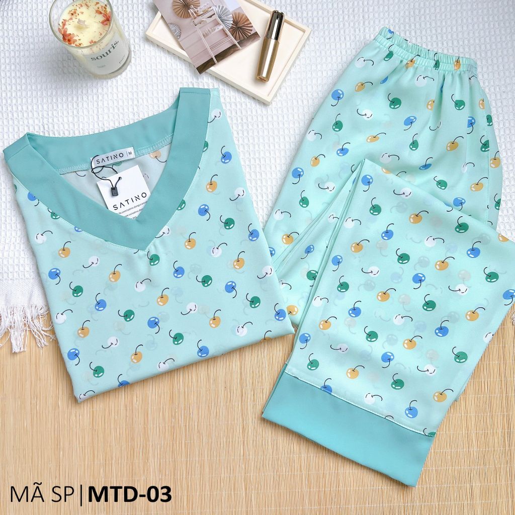 Đồ bộ mặc nhà nữ lụa mango TNQD cổ tim Satino - T-Cherry Mint
