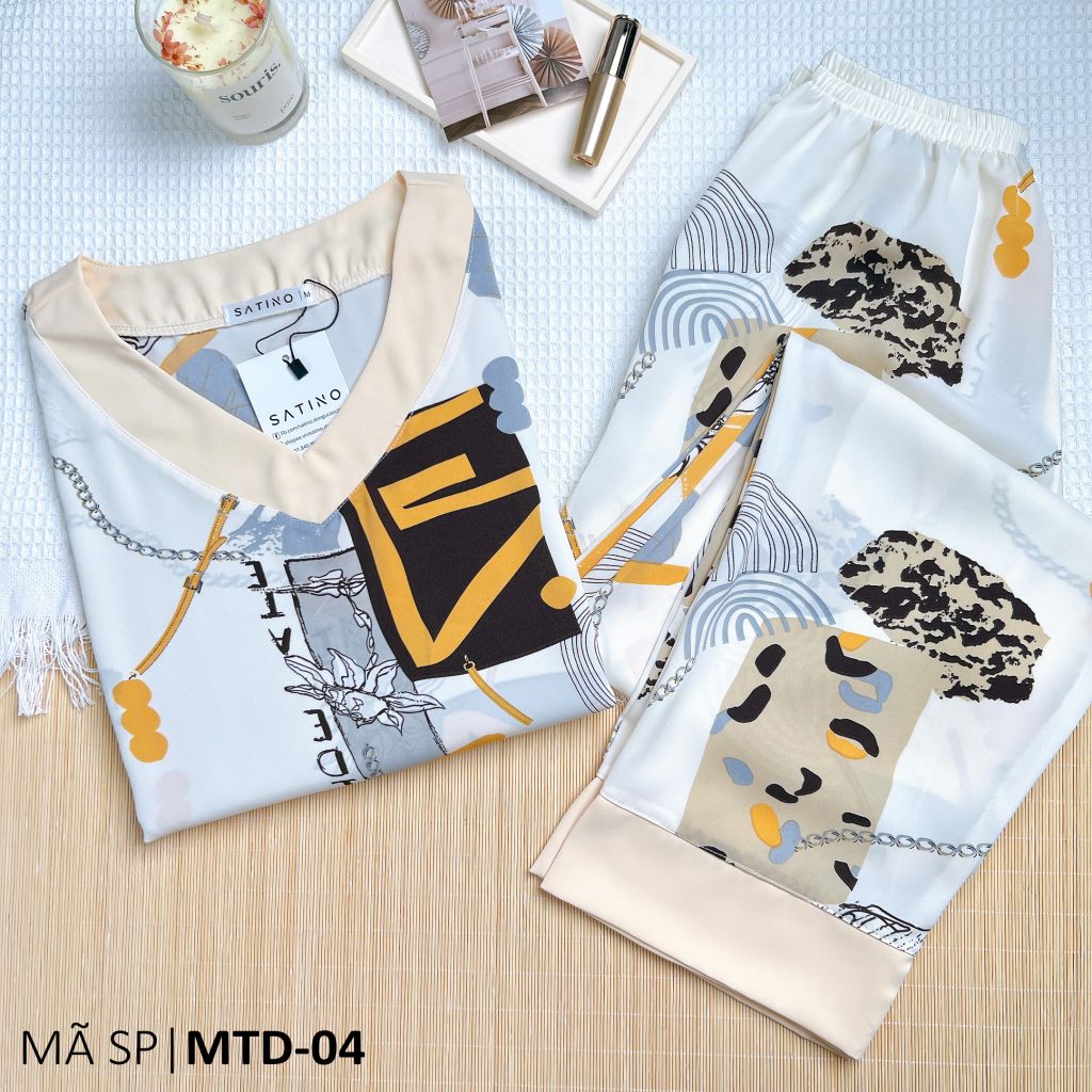 Đồ bộ mặc nhà nữ lụa mango TNQD cổ tim Satino - T-Bina Cream