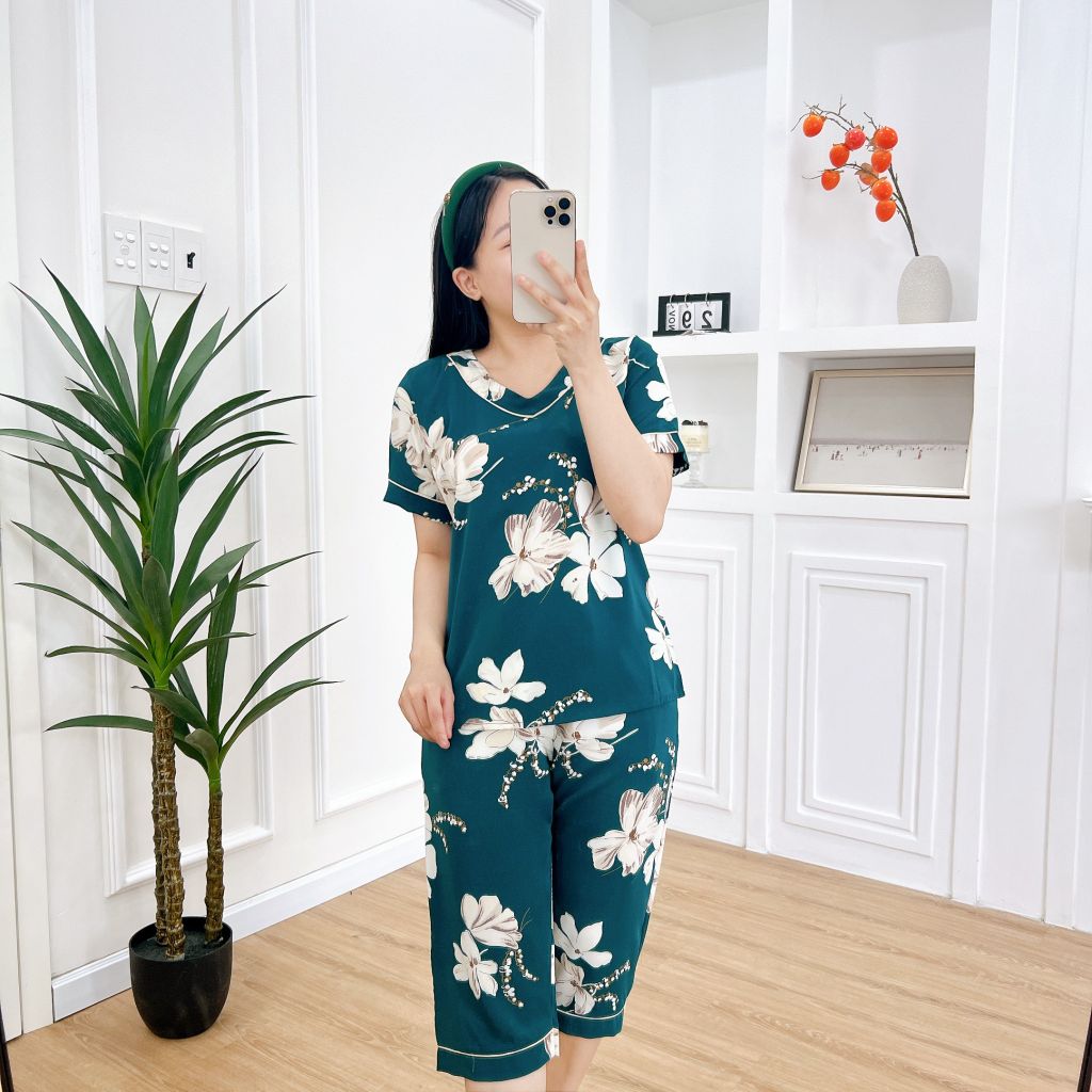 Pijama nữ Lụa Mango TNQL Satino cổ tim - T-Jasmine Mallard Green