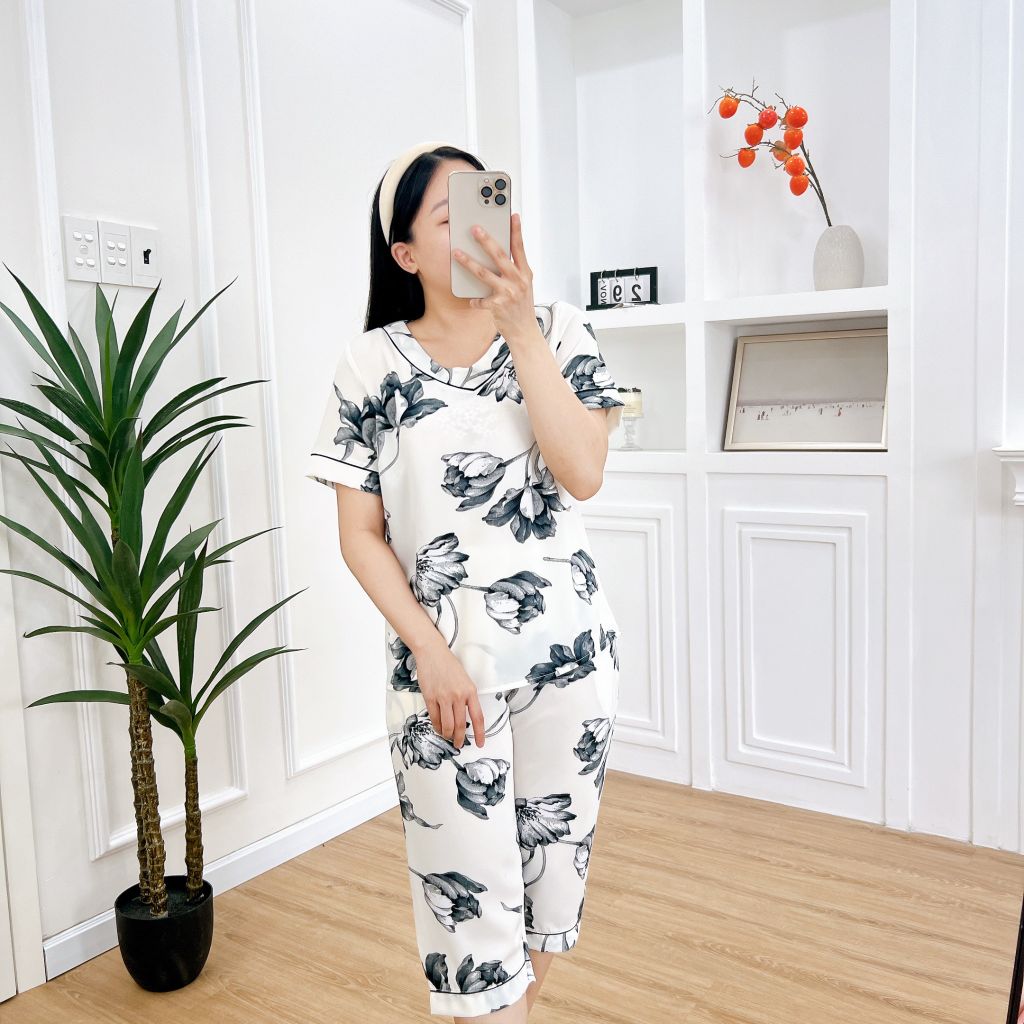 Pijama nữ Lụa Mango TNQL Satino cổ tim - T-Lotus White