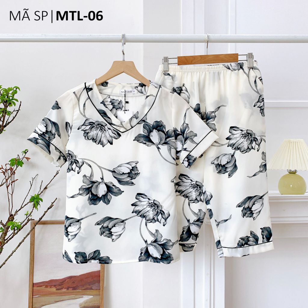 Pijama nữ Lụa Mango TNQL Satino cổ tim - T-Lotus White
